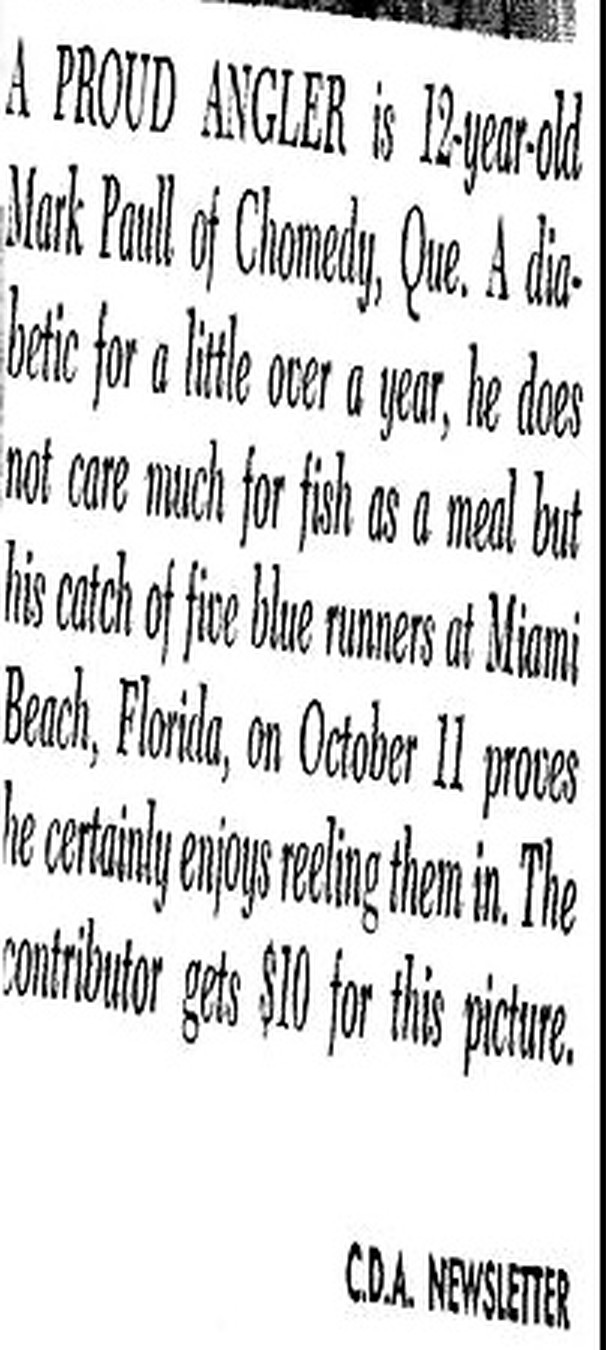 The 1968 newspaper caption headed A Proud Angler, describing twelve-year-old Mark Paull of Chomedey, Québec, and his catch of five blue runners at Miami Beach on October 11.